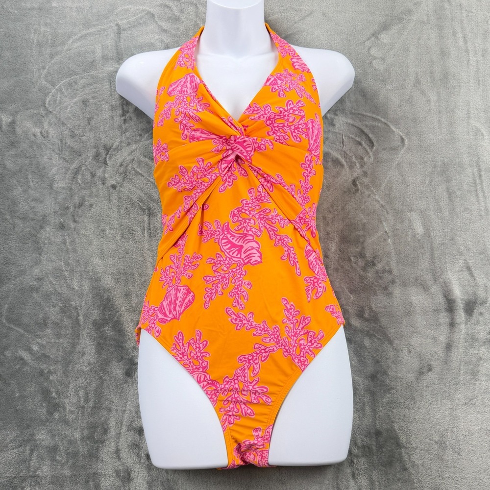 Ellen Tracy One Piece Swimsuit Size 10 Orange Pink Coral Halter Keyhole NWT